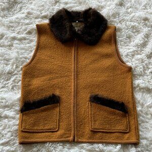 Vintage Y2K Boiled Wool Burnt Orange Rust Vest, Brown Faux Fur, Pockets Size Med